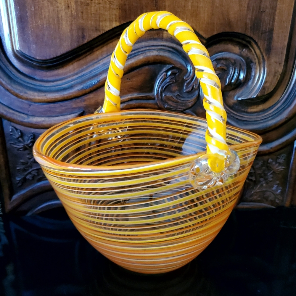 9 1/8" Orange Handmade Blown Lead Free Crystal Basket by 🇵🇱 BLOCK Crystal